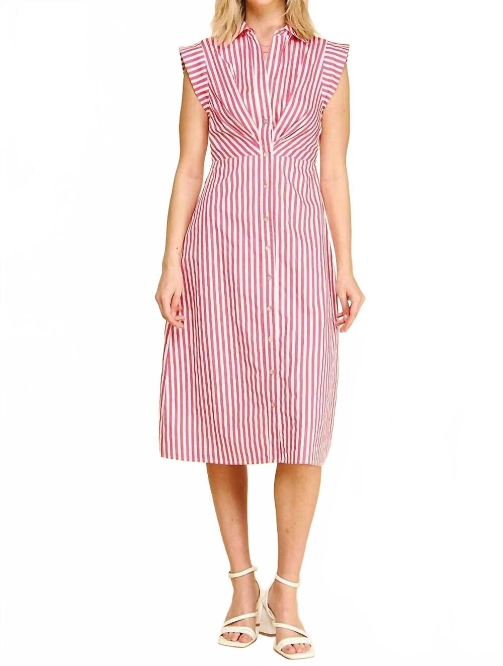NEW PINCH striped button down midi dress in red/white